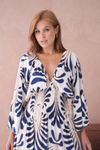 Oversized 3/4 Sleeves V Neck Feather Swirl Printed Navy Maxi Dress