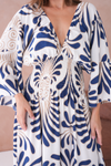 Oversized 3/4 Sleeves V Neck Feather Swirl Printed Navy Maxi Dress