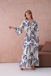 Oversized 3/4 Sleeves V Neck Feather Swirl Printed Navy Maxi Dress