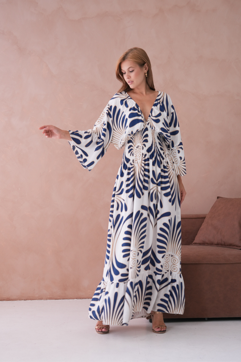 Oversized 3/4 Sleeves V Neck Feather Swirl Printed Navy Maxi Dress