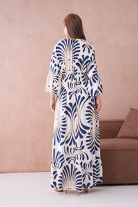 Oversized 3/4 Sleeves V Neck Feather Swirl Printed Navy Maxi Dress