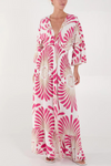 Oversized 3/4 Sleeves V Neck Feather Swirl Printed Pink Maxi Dress