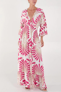 Oversized 3/4 Sleeves V Neck Feather Swirl Printed Pink Maxi Dress