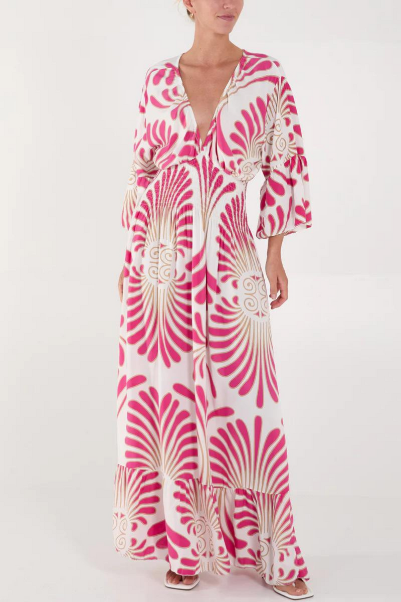 Oversized 3/4 Sleeves V Neck Feather Swirl Printed Pink Maxi Dress