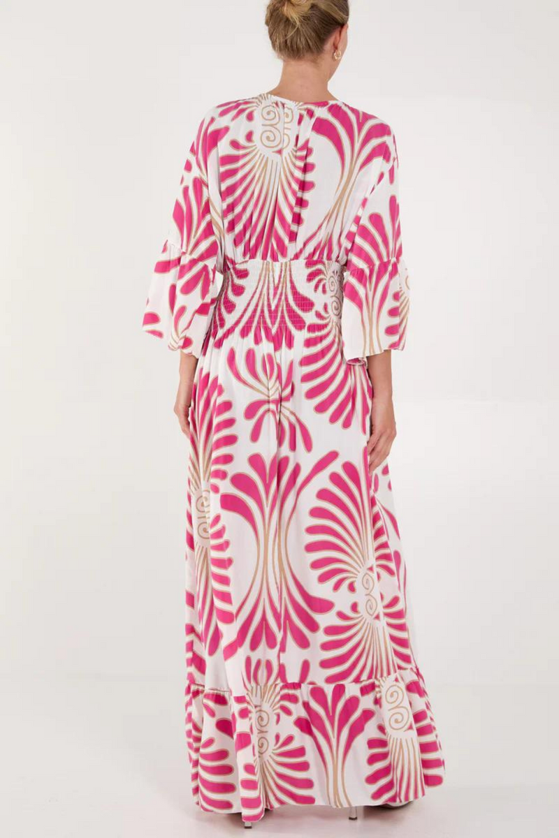 Oversized 3/4 Sleeves V Neck Feather Swirl Printed Pink Maxi Dress