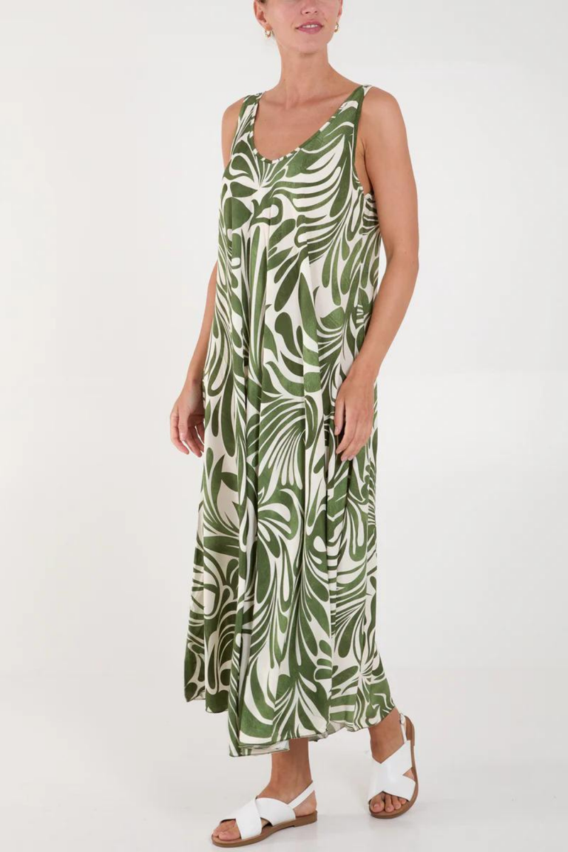 Relaxed Fit Printed Cami Dress in Green and White