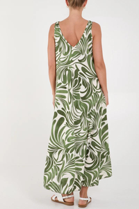 Relaxed Fit Printed Cami Dress in Green and White