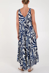 Relaxed Fit Printed Cami Dress in Royal Blue and White