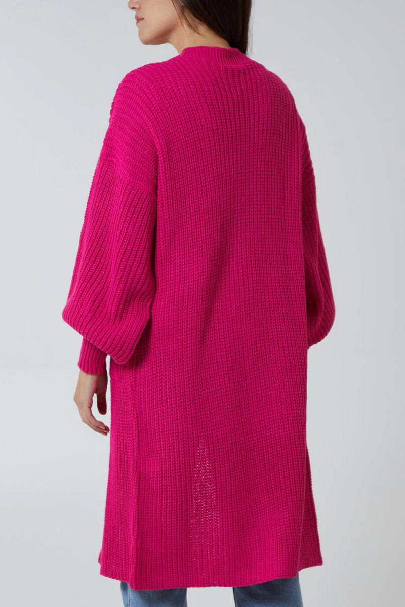 Oversized Long Sleeves Midi Knitted Cardigan with Pocket Details in Fuchsia