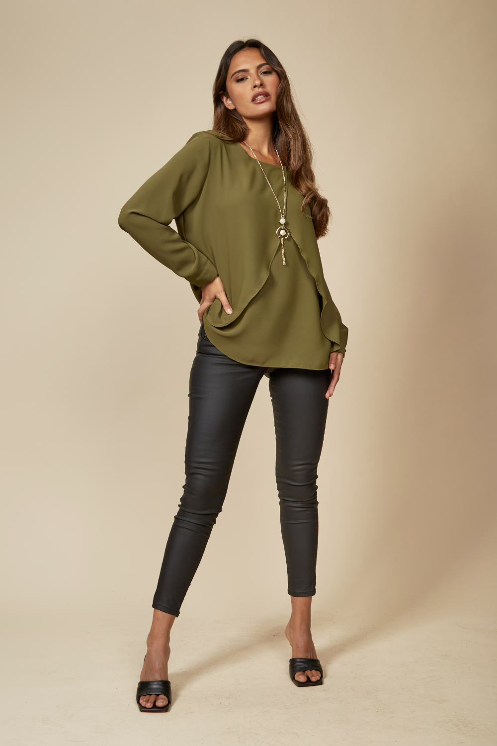 Long Sleeves Relaxed Fit Layered Top with Necklace in Khaki