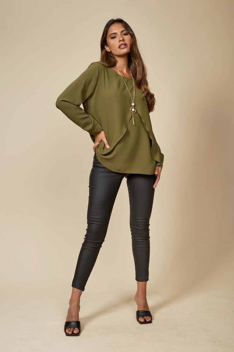 Long Sleeves Relaxed Fit Layered Top with Necklace in Khaki