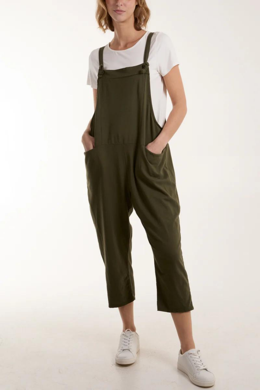 Oversized Bow Detailed Plain Dungarees in Khaki