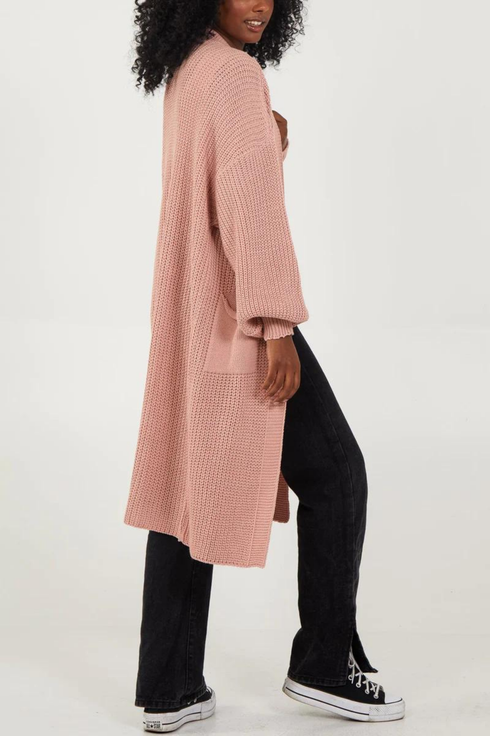 Oversized Long Sleeves Midi Knitted Cardigan with Pocket Details in Pink