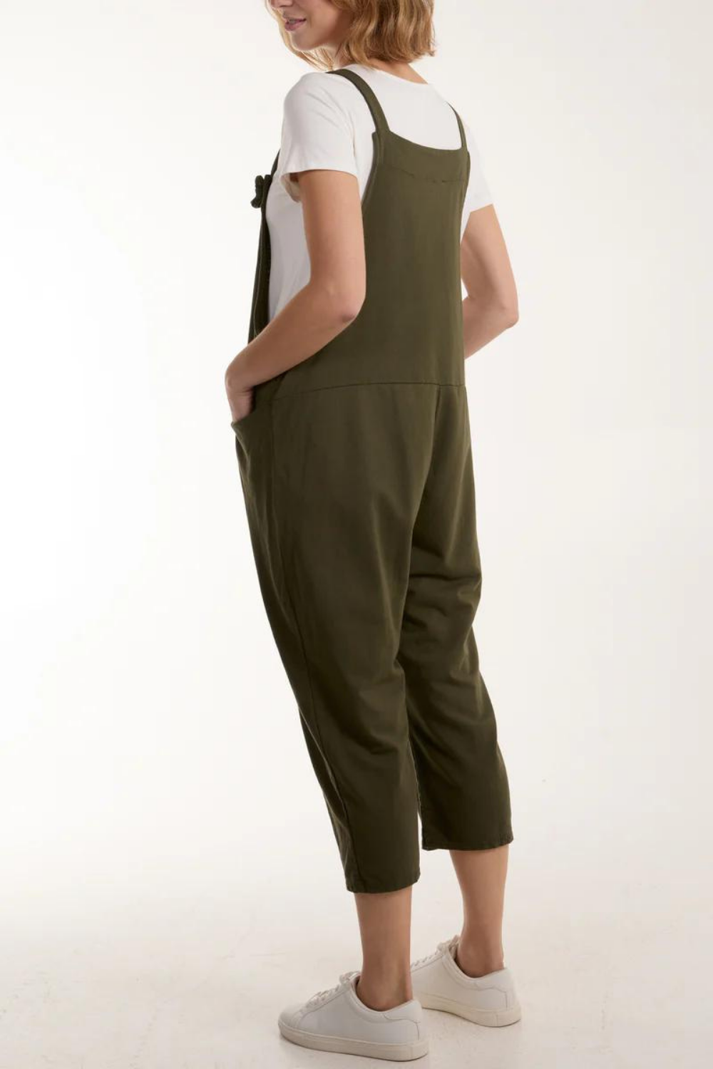 Oversized Bow Detailed Plain Dungarees in Khaki