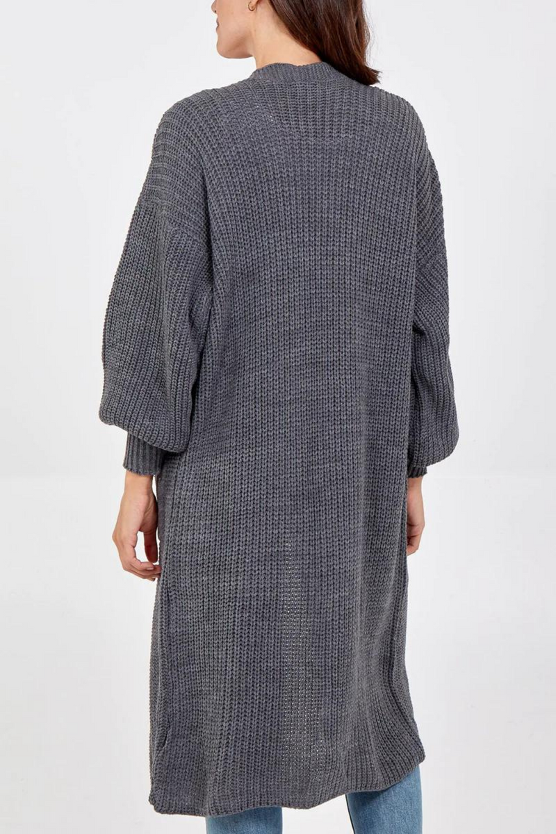 Oversized Long Sleeves Midi Knitted Cardigan with Pocket Details in Dark Grey