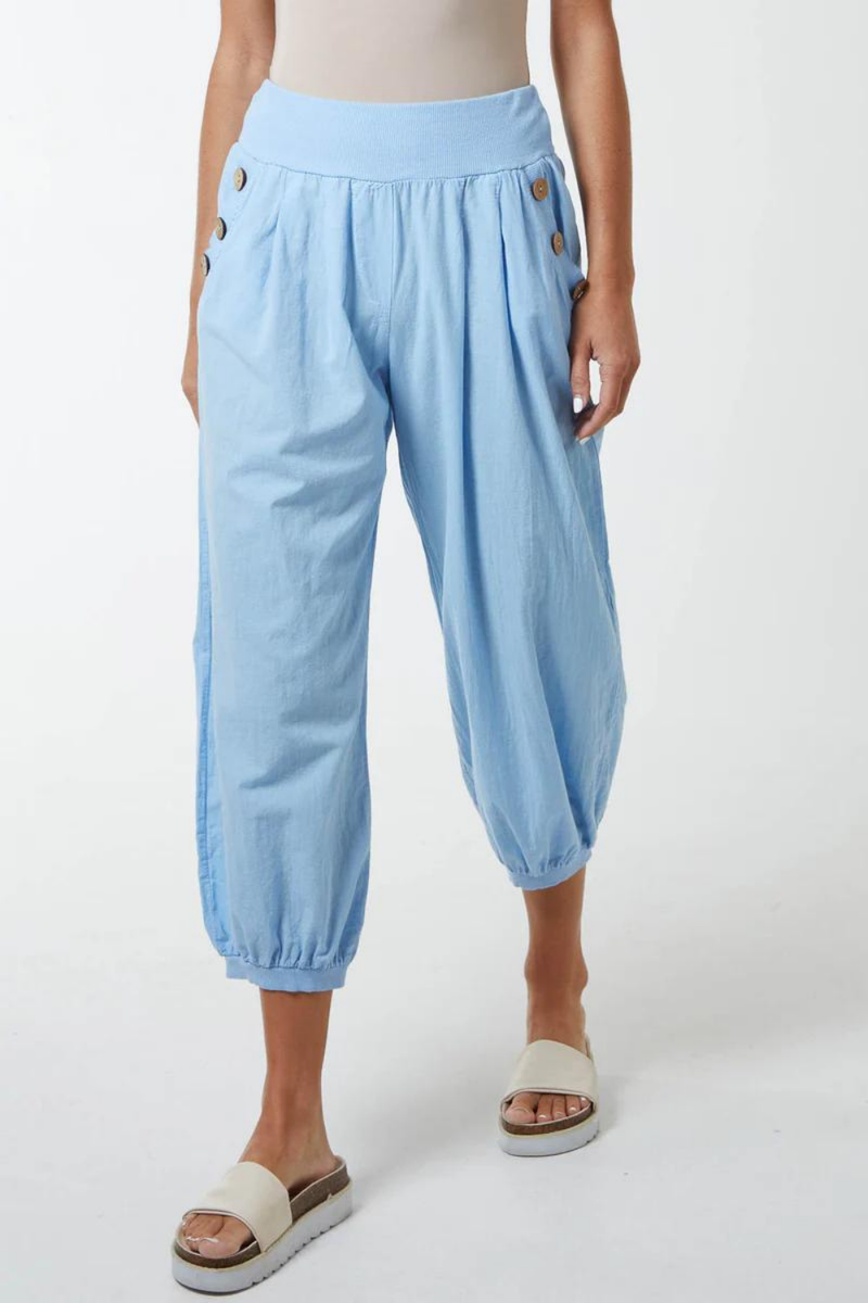 Relaxed Fit Button Detailed Trousers in Light Blue