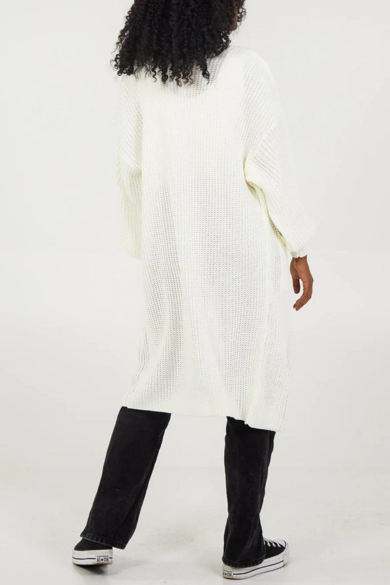 Oversized Long Sleeves Midi Knitted Cardigan with Pocket Details in Cream