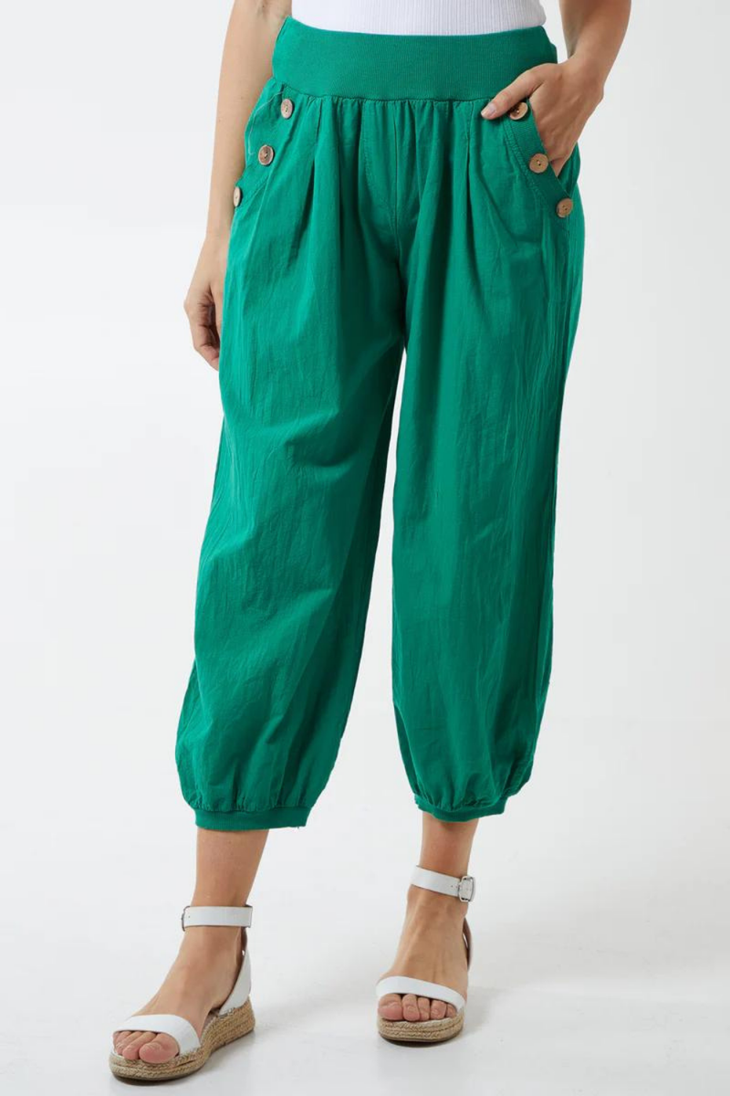 Relaxed Fit Button Detailed Trousers in Jade