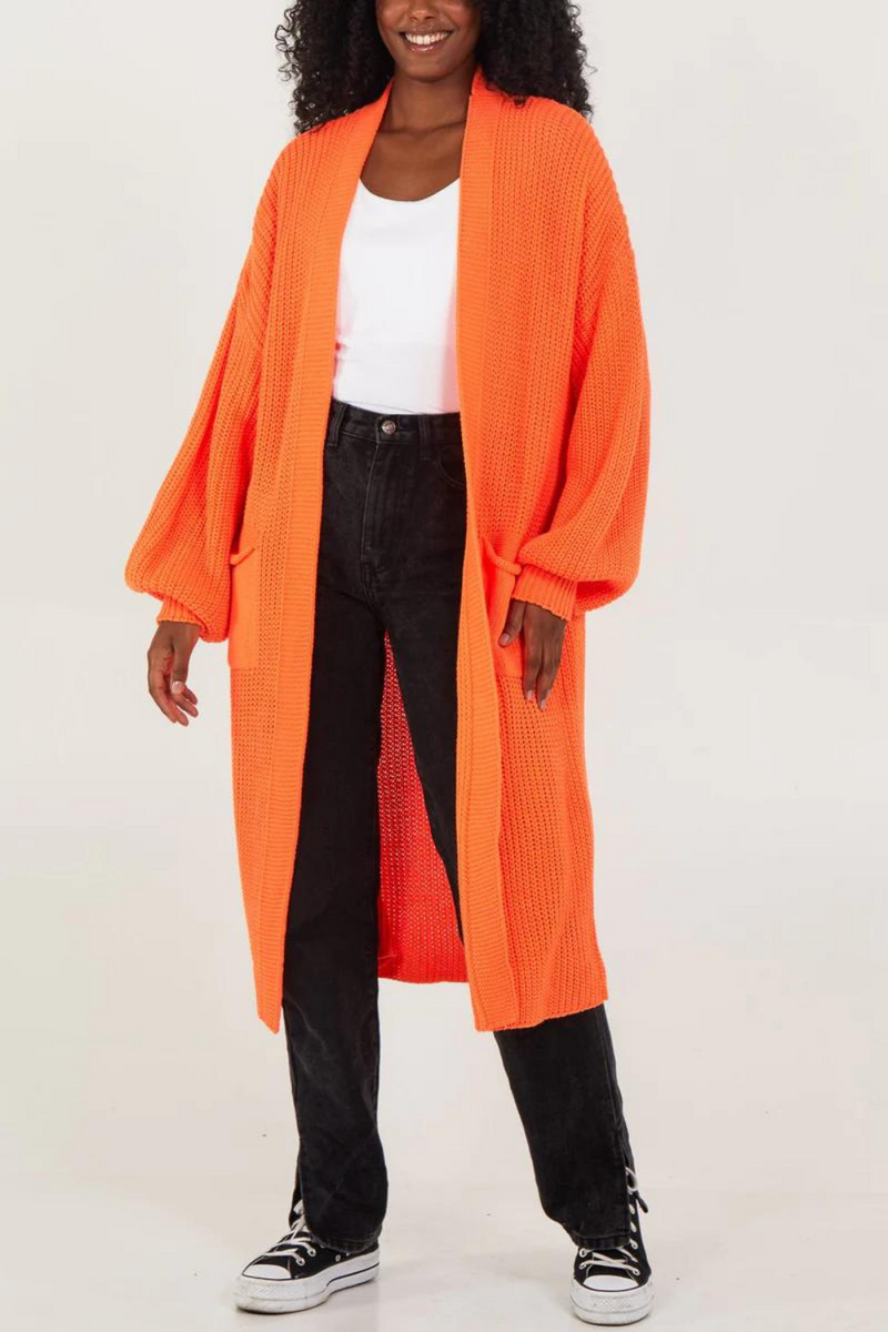 Oversized Long Sleeves Midi Knitted Cardigan with Pocket Details in Orange