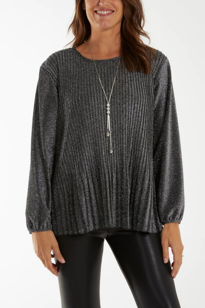 Long Sleeve Round Neck Pleated Top in Silver Glitter with Necklace