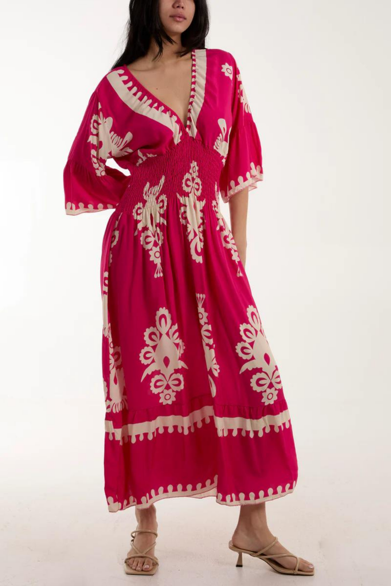 Relaxed Fit 3/4 Sleeves V Neck Printed Maxi Dress in Fuchsia