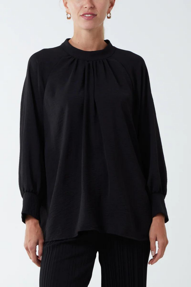 Oversized Batwing Long Sleeves Top with High Neck Detail in Black