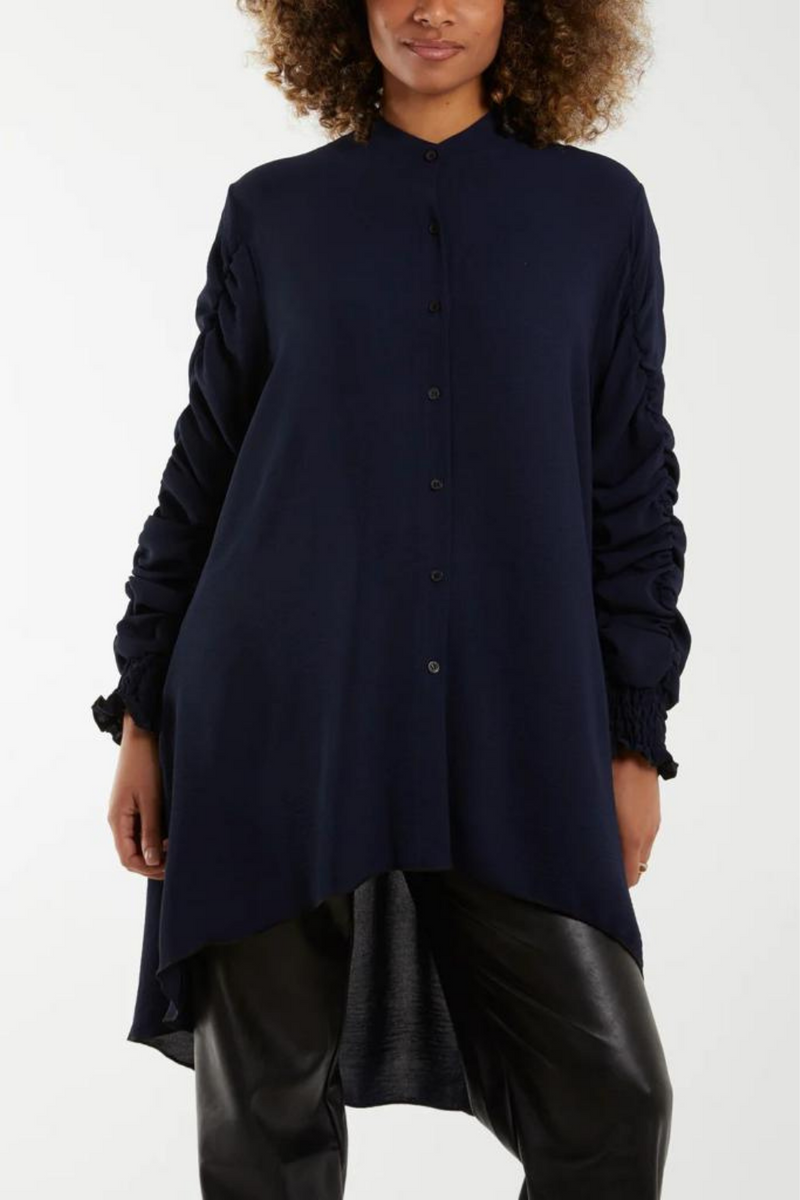 Relaxed Fit Shirred Long Sleeve Ruffle Detailed Shirt Tunic in Navy