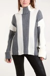 Oversized Roll Neck Detailed Vertical Striped Jumper in Grey and White