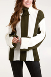 Oversized Roll Neck Detailed Vertical Striped Jumper in Khaki and White