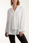 Relaxed Fit Pleated Tie Neck Long Bell Sleeves Blouse in White