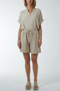 Oversized V Neck Short Sleeves Top and Shorts Co-ord Set in Beige