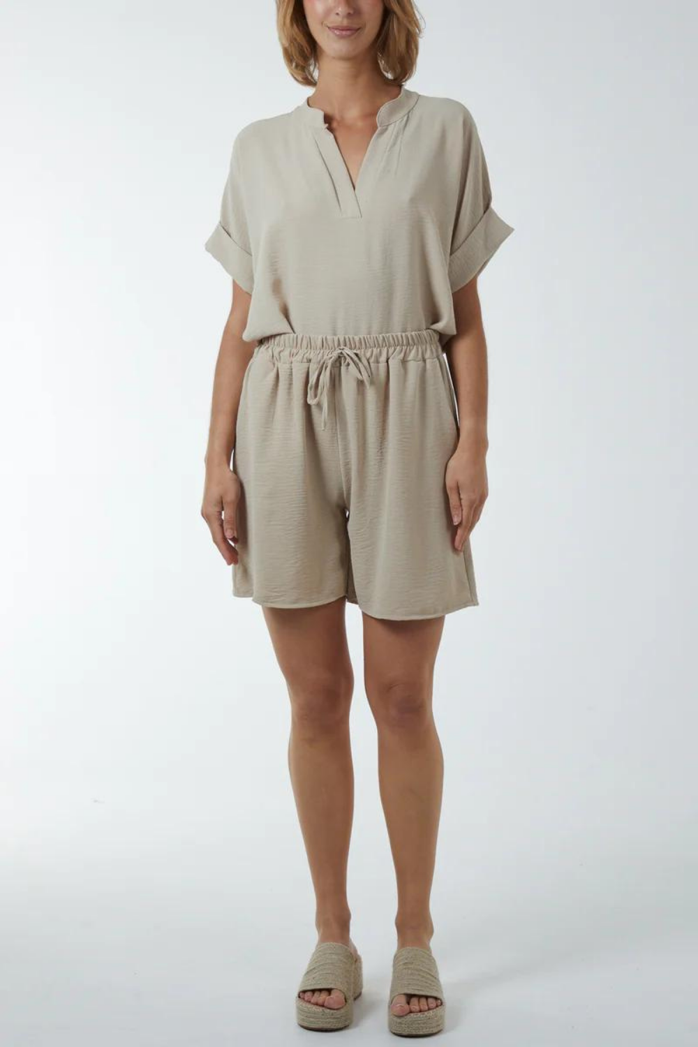 Oversized V Neck Short Sleeves Top and Shorts Co-ord Set in Beige