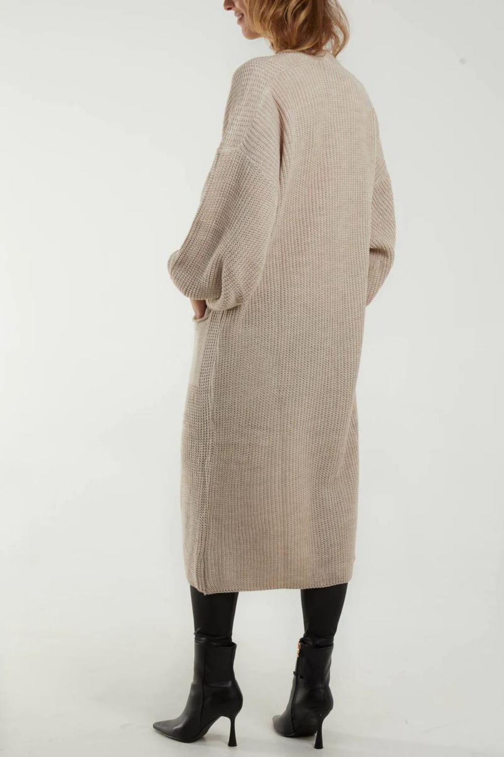 Oversized Long Sleeves Midi Knitted Cardigan with Pocket Details in Beige