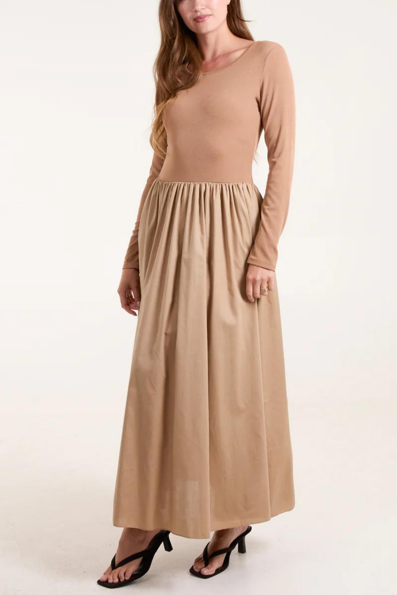 Relaxed Fit Long Sleeves Maxi Dress in Beige