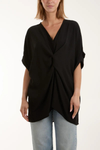 Oversized Short Sleeves Twist Front Cocoon Tunic Top in Black