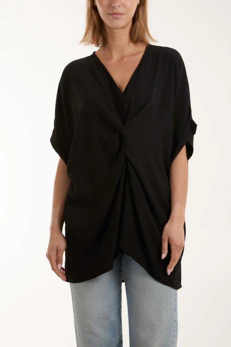 Oversized Short Sleeves Twist Front Cocoon Tunic Top in Black