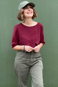 Relaxed Fit Crew Neck Layered Blouse Top with Short Sleeves in Burgundy