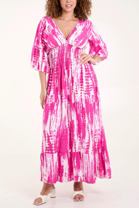 Relaxed Fit 3/4 Sleeves Shirred Waist Printed V Neck Maxi Dress in Pink and White