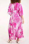 Relaxed Fit 3/4 Sleeves Shirred Waist Printed V Neck Maxi Dress in Pink and White