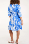 Relaxed Fit 3/4 Sleeves Shirred Waist Printed V Neck Mini Dress in Blue and White