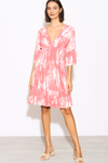 Relaxed Fit 3/4 Sleeves Shirred Waist Printed V Neck Mini Dress in Coral and White