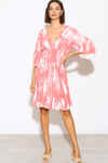 Relaxed Fit 3/4 Sleeves Shirred Waist Printed V Neck Mini Dress in Coral and White