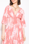Relaxed Fit 3/4 Sleeves Shirred Waist Printed V Neck Mini Dress in Coral and White