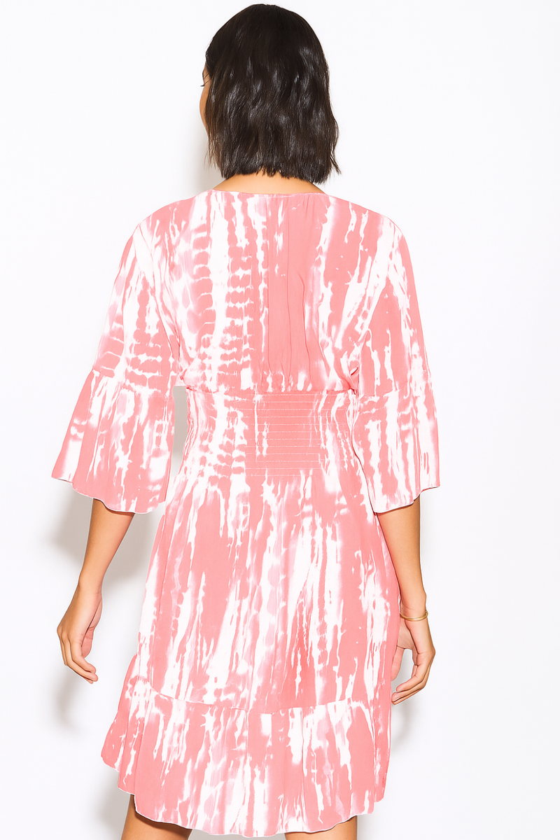 Relaxed Fit 3/4 Sleeves Shirred Waist Printed V Neck Mini Dress in Coral and White