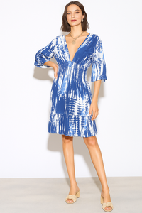 Relaxed Fit 3/4 Sleeves Shirred Waist Printed V Neck Mini Dress in Navy and White