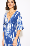 Relaxed Fit 3/4 Sleeves Shirred Waist Printed V Neck Mini Dress in Navy and White