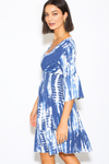 Relaxed Fit 3/4 Sleeves Shirred Waist Printed V Neck Mini Dress in Navy and White