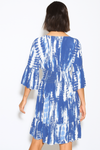 Relaxed Fit 3/4 Sleeves Shirred Waist Printed V Neck Mini Dress in Navy and White