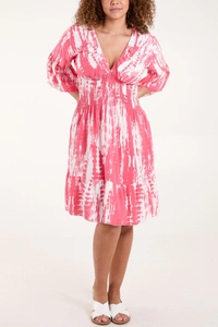 Relaxed Fit 3/4 Sleeves Shirred Waist Printed V Neck Mini Dress in Pink and White