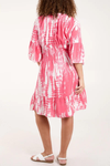 Relaxed Fit 3/4 Sleeves Shirred Waist Printed V Neck Mini Dress in Pink and White